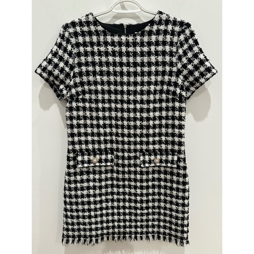 Bebop Womens Black White Tweed Frayed Hem Pearl Button Mini Shift Dress Large